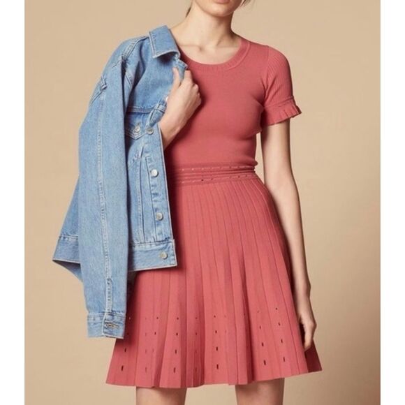 Sandro Paris Etor Pointelle-Trimmed Pleated Stretch Antique Rose Mini Dress 36 - Picture 1 of 15